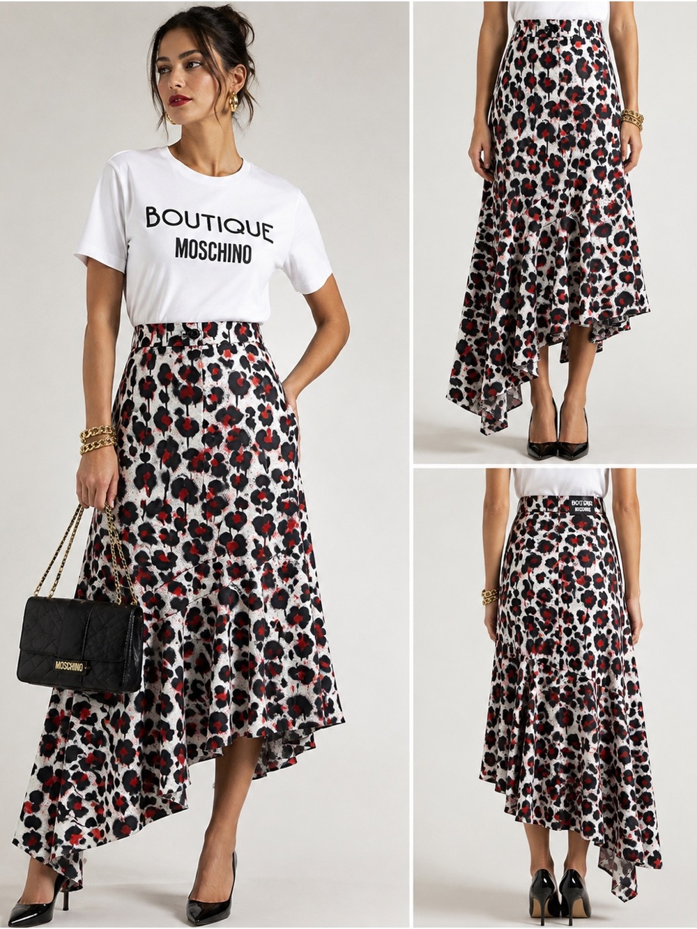 Boutique Moschino graffiti leopard asymmetric ruffle midi skirt 8 nwt